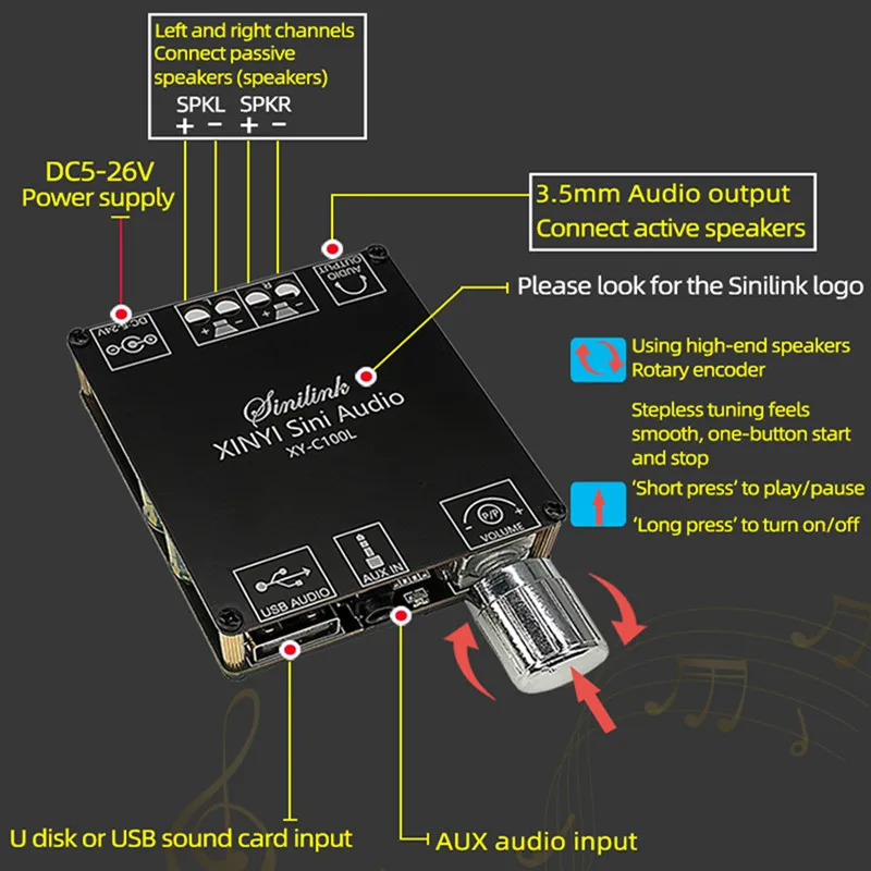 2*100W Bluetooth 5.0 Bord Amplificator Digital de Putere Clasa D, AUX Boxe 2.0 CH Stereo de Muzică Acasă, Modulul Wireless Audio AMP Imagine 5 