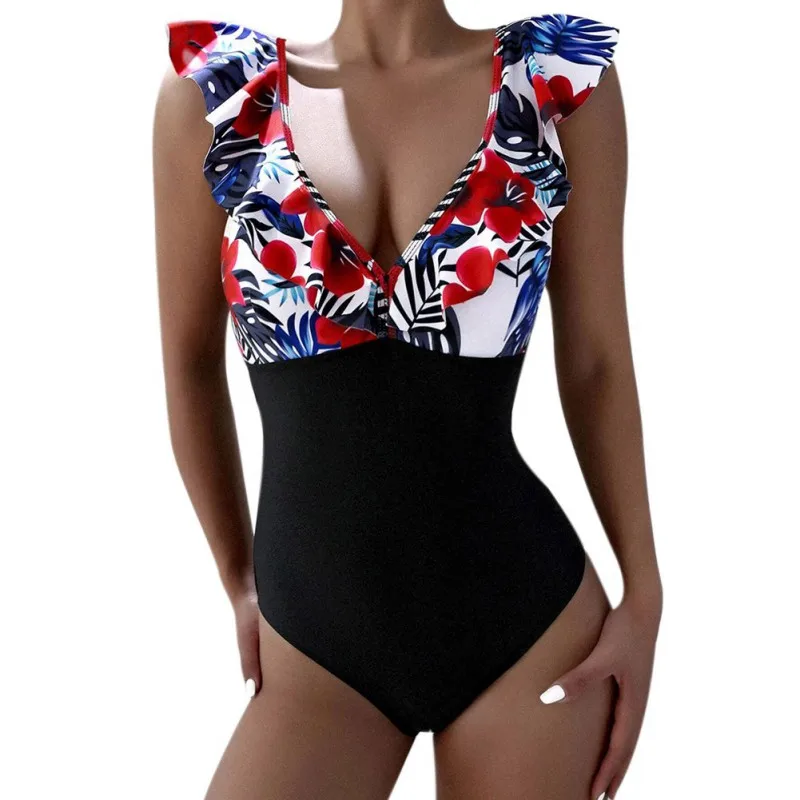 2021 Nou Print pentru Femei V-neck Printed Mozaic Zburli-O singură Bucată de costume de Baie Femei Sexy Spate Deschis Beachwear Costum de Baie