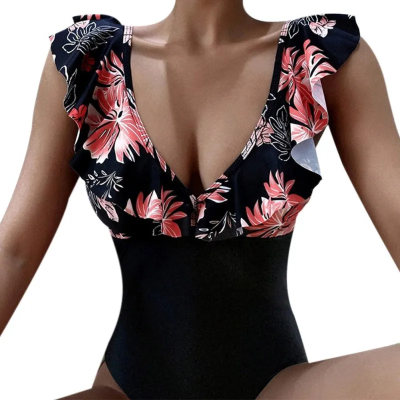 2021 Nou Print pentru Femei V-neck Printed Mozaic Zburli-O singură Bucată de costume de Baie Femei Sexy Spate Deschis Beachwear Costum de Baie Imagine 4 