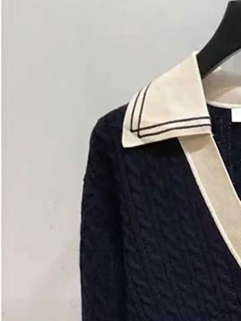 2022 Noi Femei V-gât Guler de Turn-down Pulover dama franceză Culoare de Contrast Maneca Lunga poftă de mâncare Pulover Tricotate Bluze de Toamna