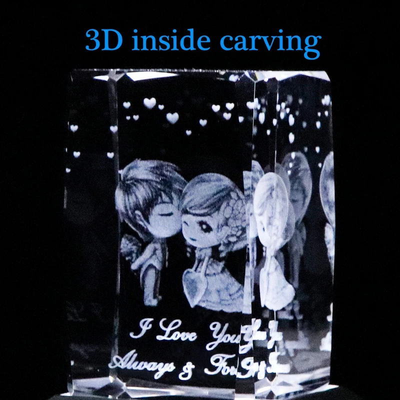 3D K9 Cristal Gravat Cuplu Figura cu Te Iubesc Cuvintele Suvenir Cub cu LED-uri Colorate de Lumină de Bază Ornamente Decor Imagine 2 