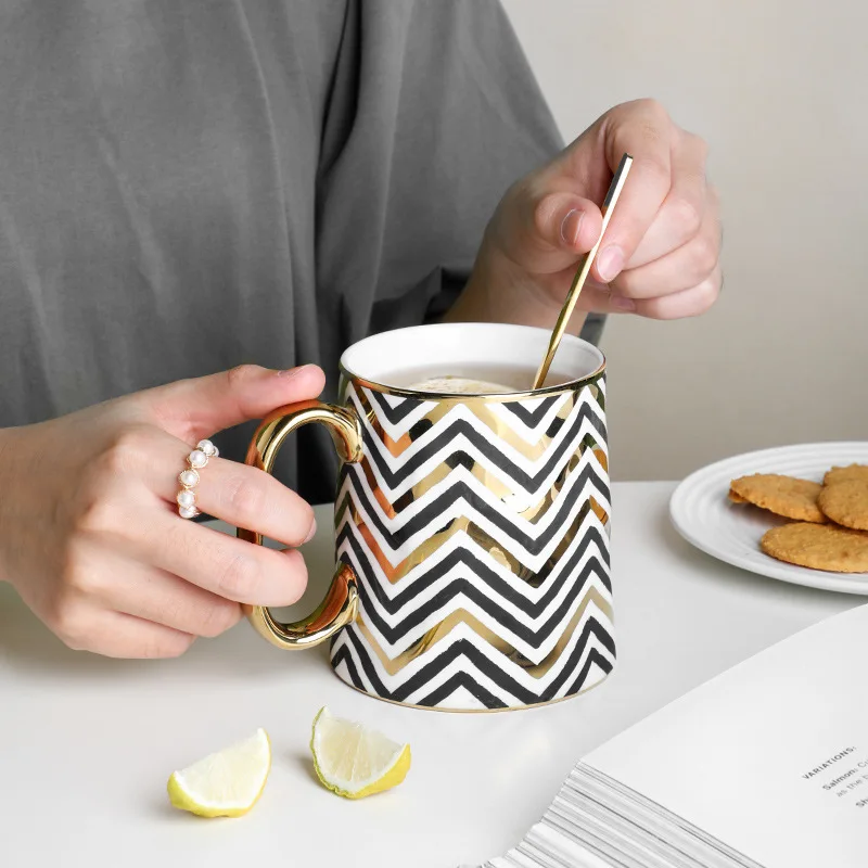 400ml Nordic Lux Cești de Porțelan Geometrice Placat cu Aur de Cafea Cupe Europene Bucătărie Drinkware micul Dejun Lapte Ceașcă de Ceai Cana Mare