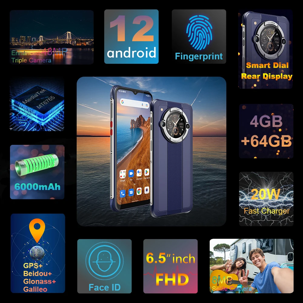 4GB 64GB, Android, 12 Telefoane mobile Unihertz Tick Tock E Smartphone 6.5 Inch Telefon Mobil Inteligent Spate Display 6000mA Octa Core MTK6765