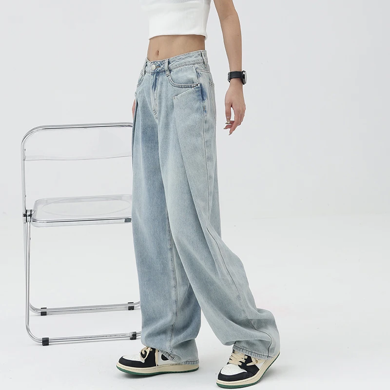 Femei Bottoms Blue Jeans Drept Talie Mare Epocă Largi Largi Picior Pantaloni Casual Auto Cultivarea Denim Pantaloni Doamnelor Vara