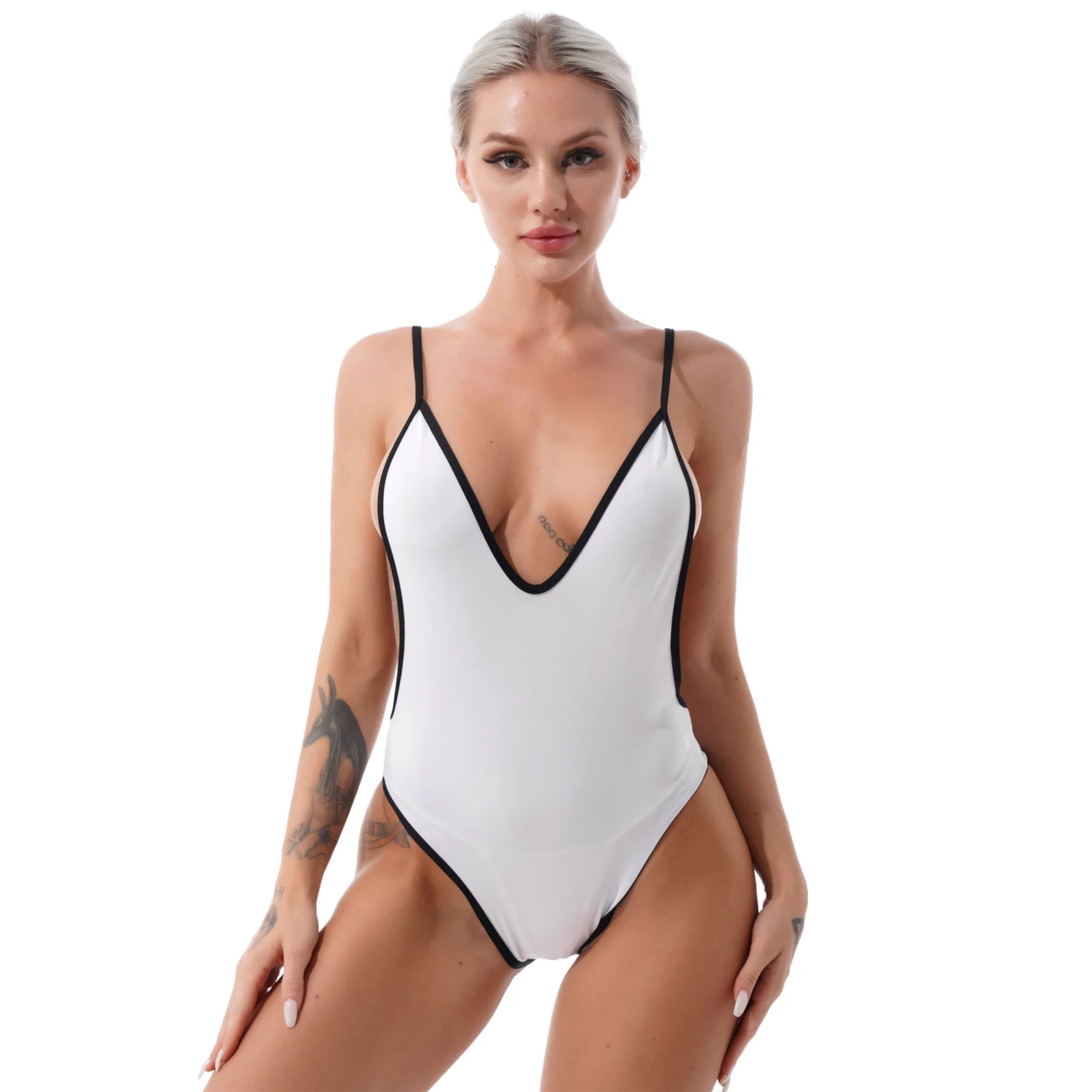 Femei Goale din Partea Lenjerie Tricou Salopeta, costume de Baie Costume de baie Bikini Adânc V-Gât Deschis Spate Body Plaja de Baie Haine Imagine 4 