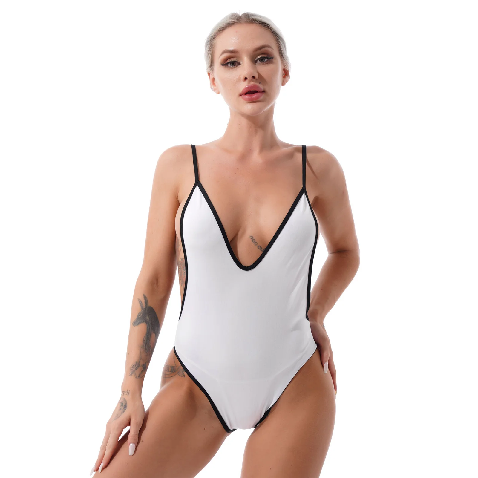 Femei Goale din Partea Lenjerie Tricou Salopeta, costume de Baie Costume de baie Bikini Adânc V-Gât Deschis Spate Body Plaja de Baie Haine Imagine 5 