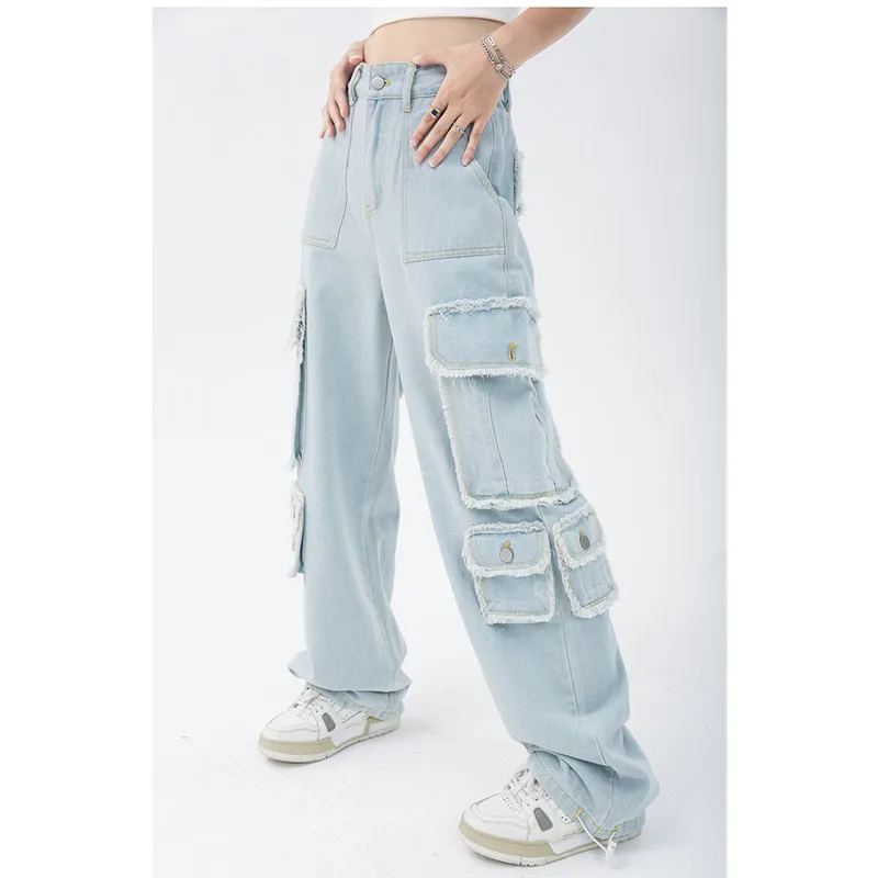 Femei la Modă High Street Largi Cargo Blugi Pantaloni Drepte Ciucure Largi Picior Talie Înaltă, din Denim Pantaloni Y2k Streetwear Harajuku