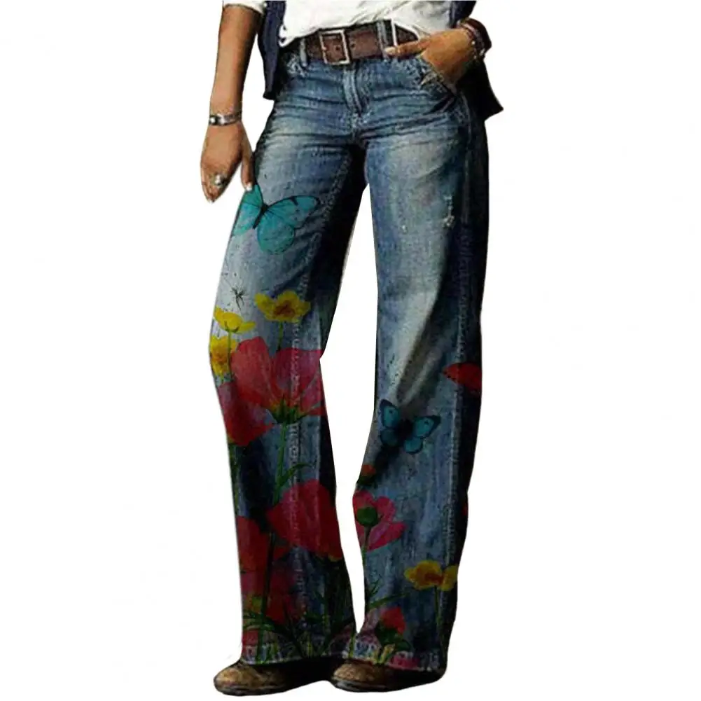 Femei Pantaloni Cu Print Floral Butonul Zip Zbura Piciorul Drept Larg De Primavara Toamna Liber Faux Blugi Pantaloni Streetwear