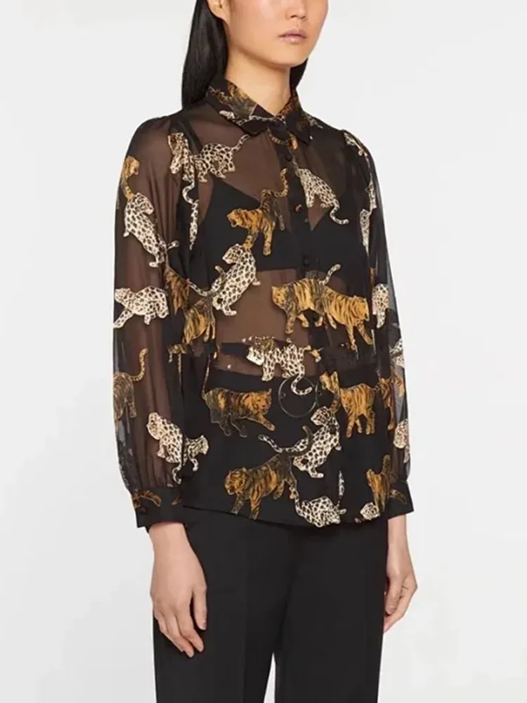 Femei Retro Femei Tigru, Leopard Print Camasa Femei Maneca Lunga Single-Breasted Guler De Turn-Down Bluza 2022 Primăvara Devreme Top
