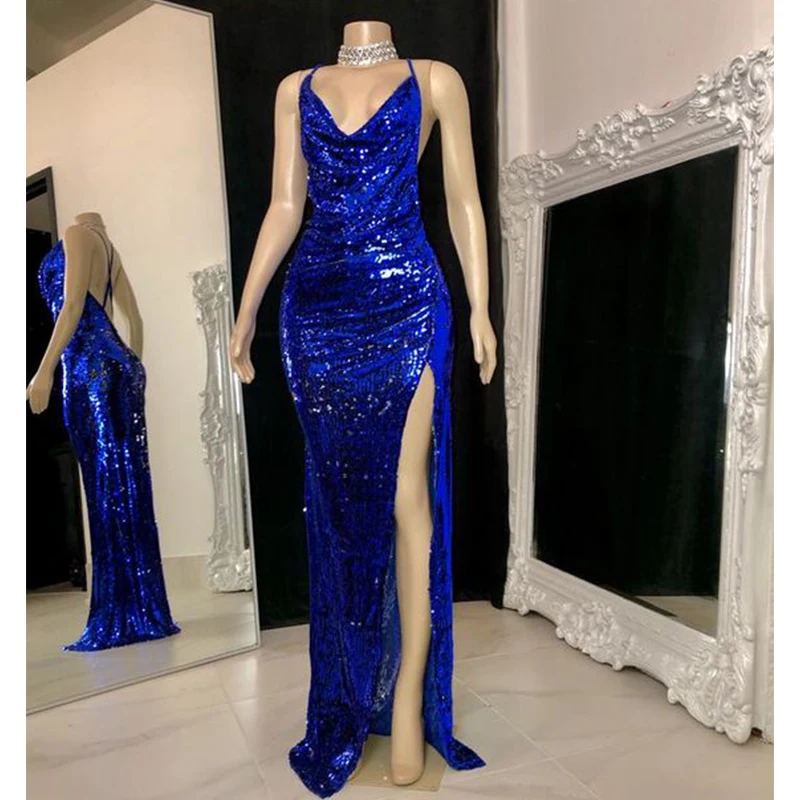 Fermecător rochie de Bal pentru Femei Royal Albastru Adânc V Gâtului fara Spate Partea de Fantă Etaj Lungime Elegant de Nunta Petrecere de Seara Rochie de Oaspete