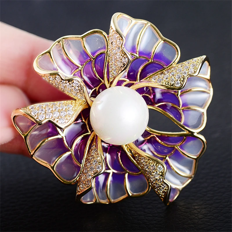 Frumos de Flori Violet, Email Ace Elegant Pearl Zircon Brosa pentru Femei Banchet Rochie de Ornament Bijuterii Brosa Cadou de Crăciun