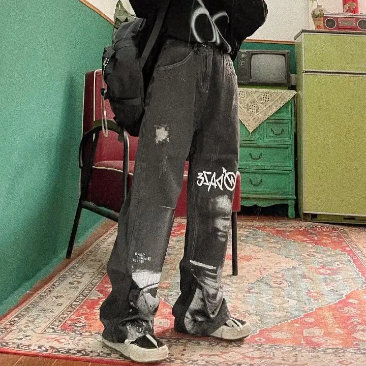 Gothic Punk Blugi Largi Picior de sex Feminin Hip Hop Street Harajuku Y2K Talie Inalta Blugi American Retro Print Pantaloni de Moda de Toamna