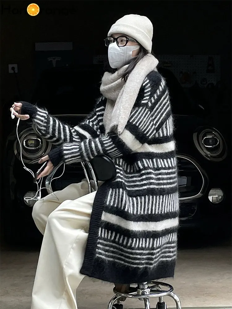 HanOrange De Iarnă 2022 Epocă Dungi Lungi Tricotate Cardigan Femei Cald Confortabil Lung Tricot Pulover Feminin