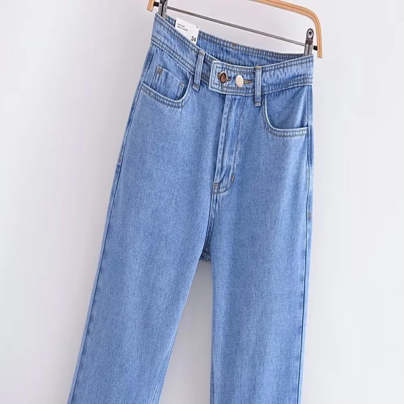 HAPPYZJM Noi Femeile Mediu Talie Pantaloni din Denim de Moda Pantaloni Largi de Moda Casual, Street Style Simplu Blugi Albastru deschis