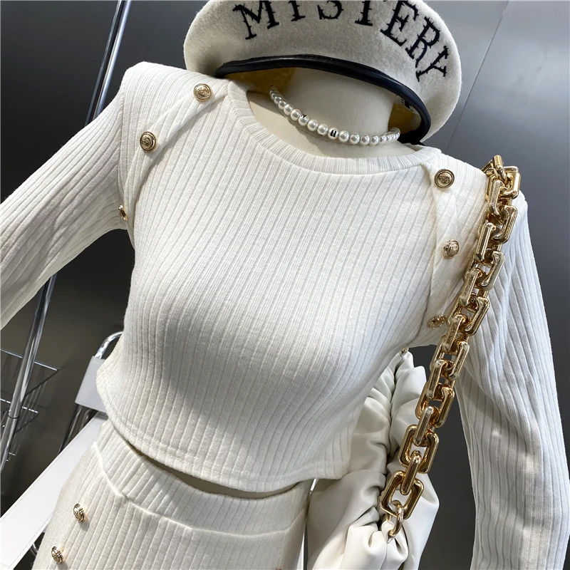 Noi 2021 Buton de Metal Subțire Gât Rotund Maneca Lunga Scurt Tricota de Sus + de Înaltă Talie Elastic Subțire Hip Wrap Fusta Două bucata Costum
