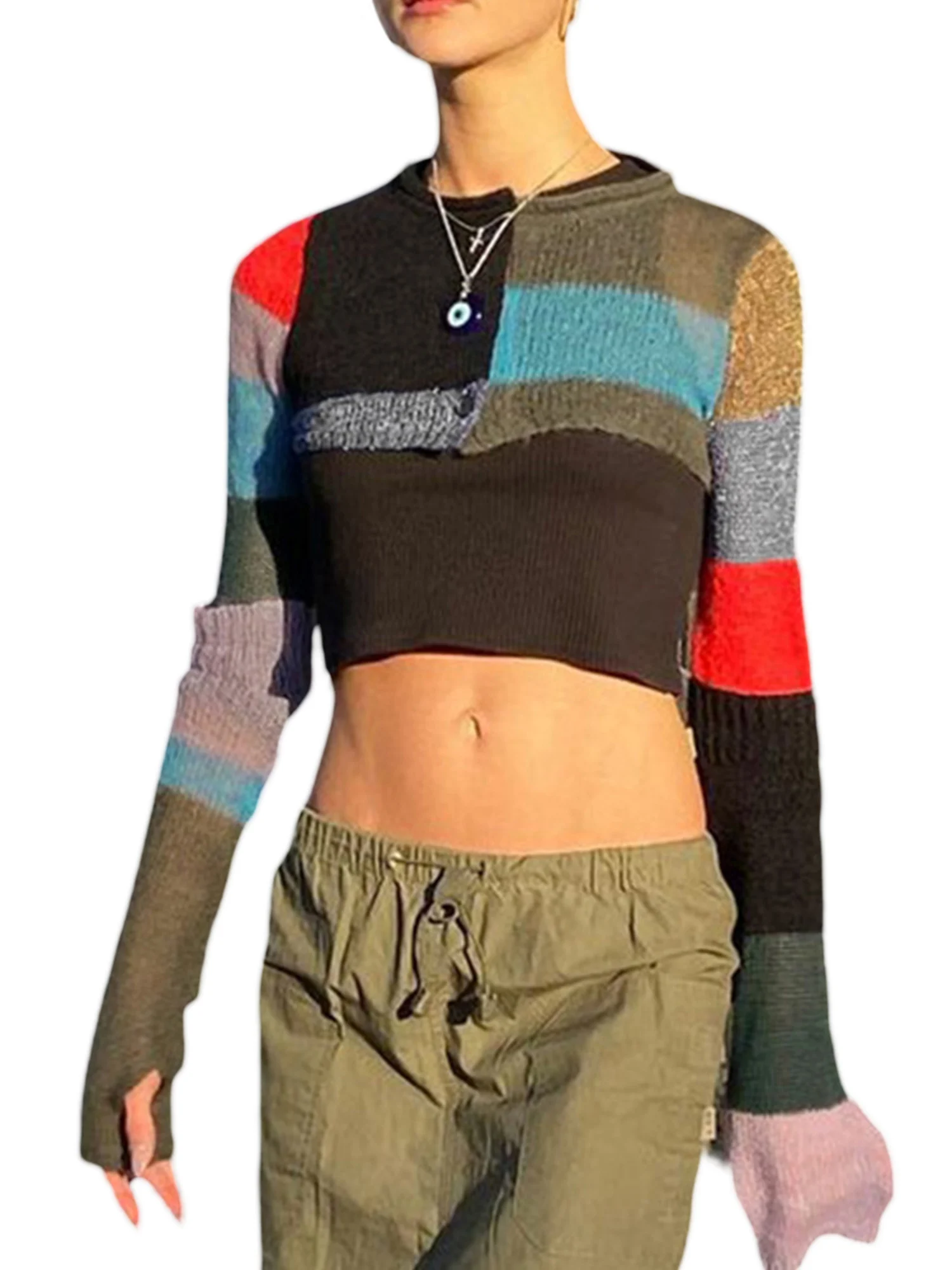 Spewahor Femei Y2k Mozaic Pulover Cu Maneci Lungi Tricotate, Topuri Culturilor De Protecție Solară Respirabil Croșetat Tee