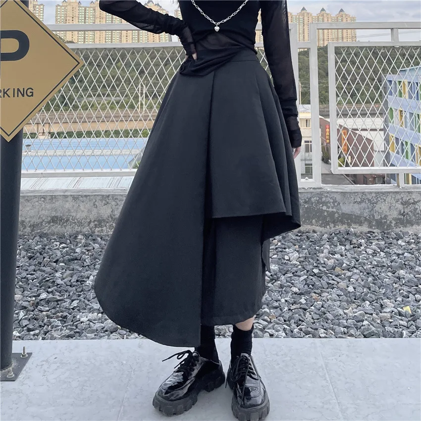 Strada Doamna Dark Goth Talie Mare Fuste de Moda se Răcească în aer liber O-linie Harajuku Streetwear Solid Negru Gotic Femei Neregulate Fusta